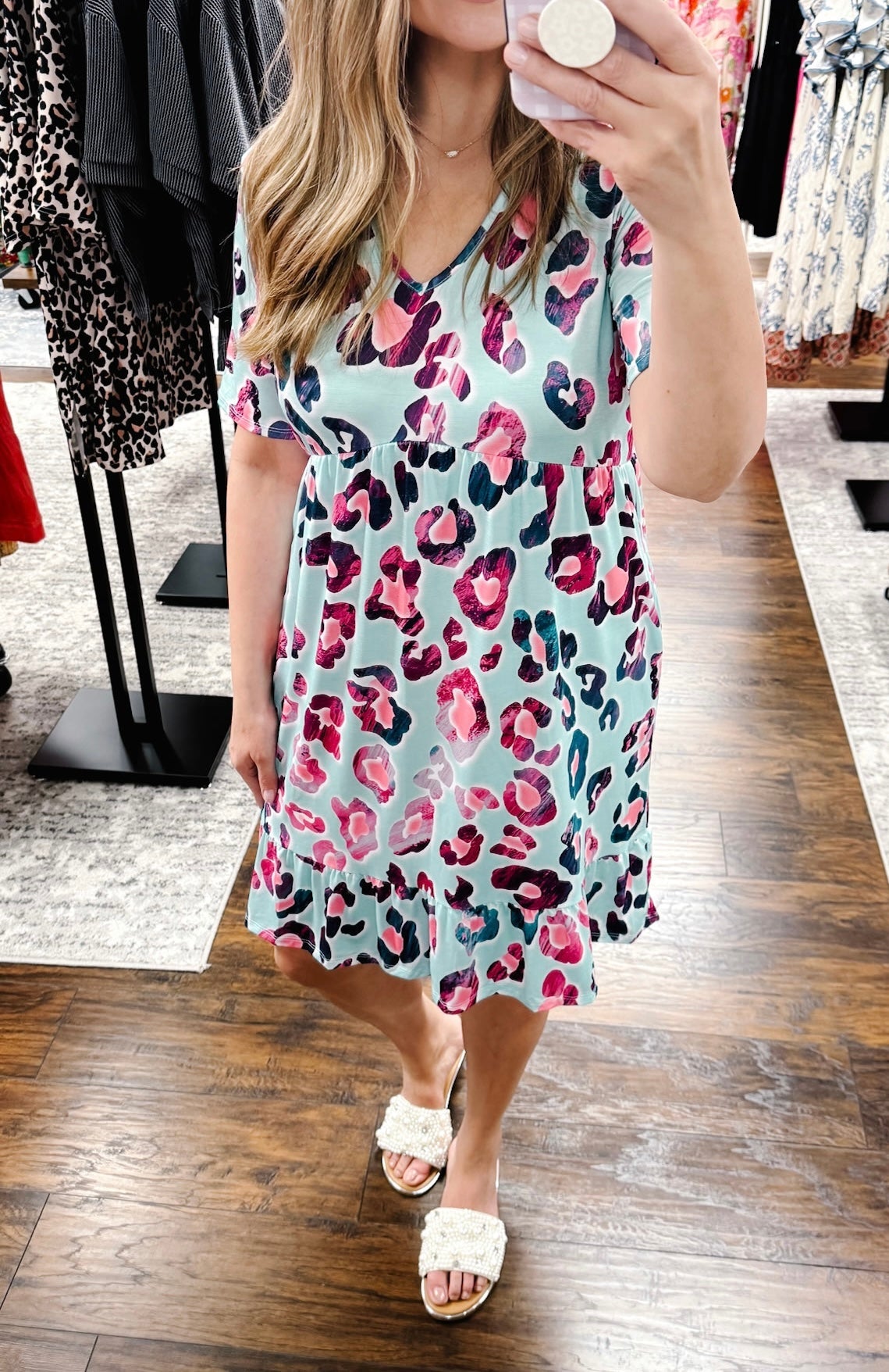 Mint Leopard Print Pocket Dress