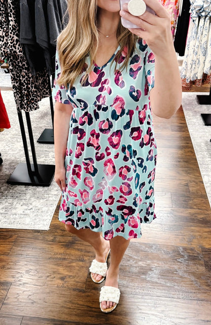 Mint Leopard Print Pocket Dress