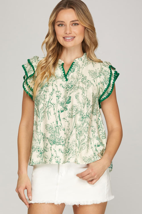 Ruffle Sleeve Floral Top Green Mix