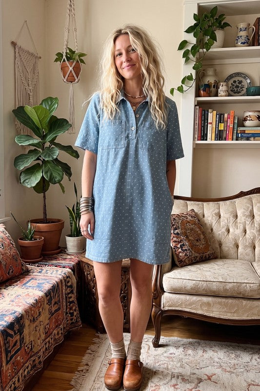 Polka Dot Denim Shirt Dress
