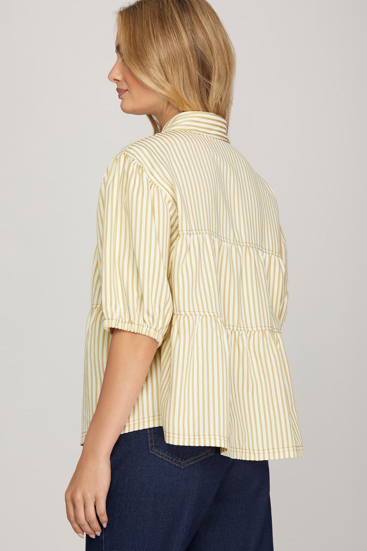 Ruffle Stripe Button Down Top Taupe
