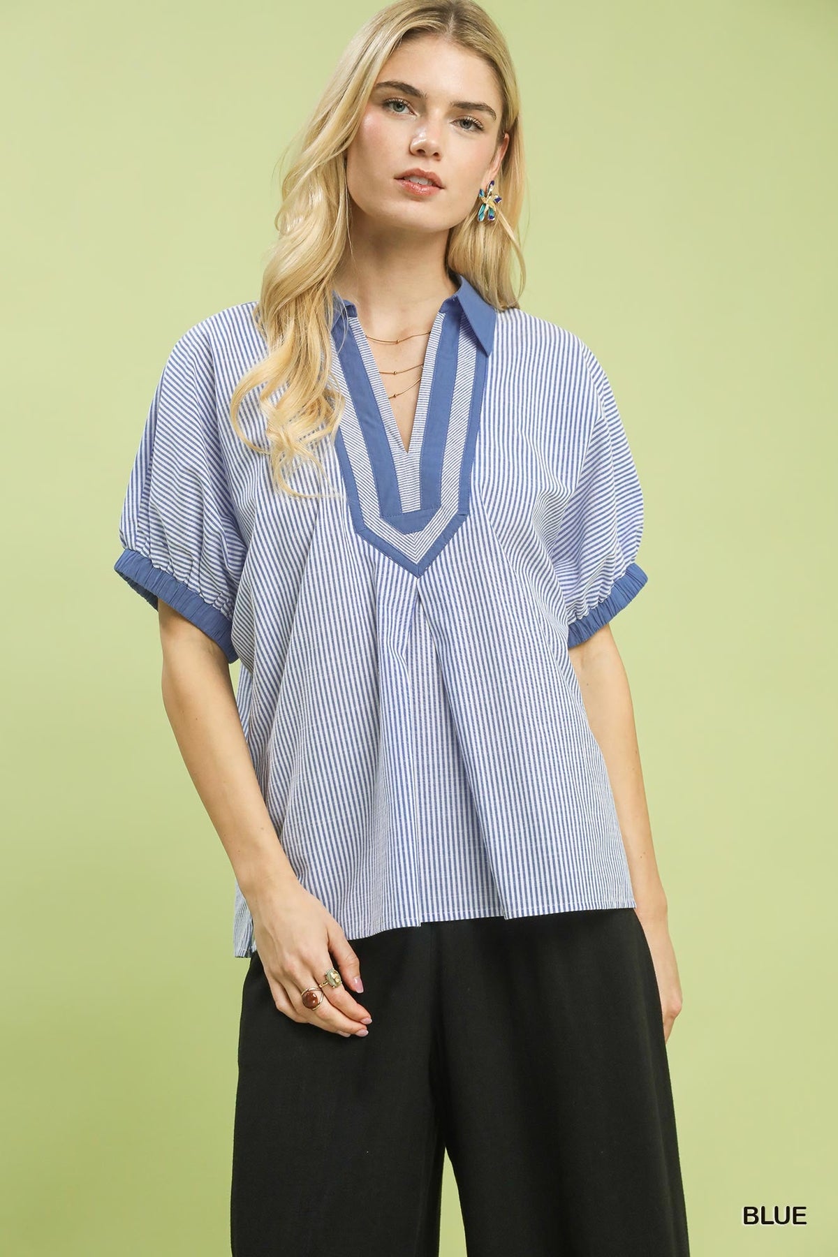 UMGEE Stripe Collared Top Blue
