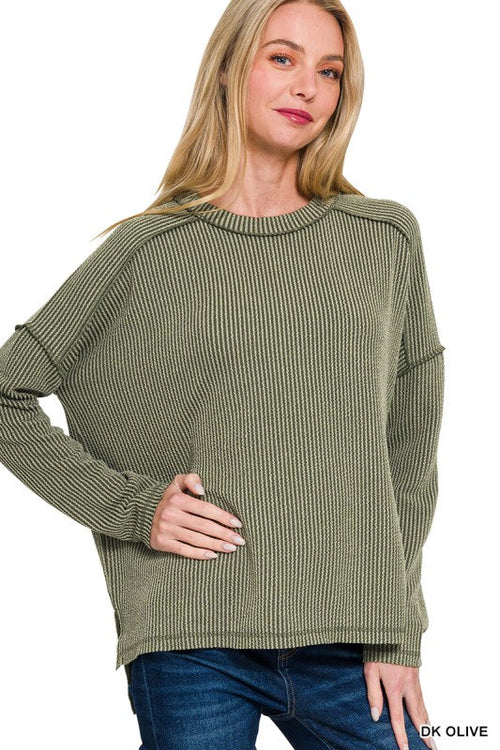 Ribbed Knit Long Sleeve Top Olive