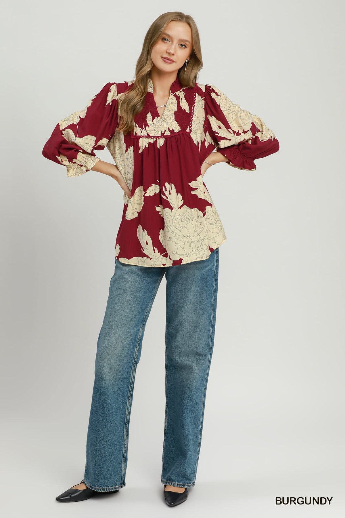 UMGEE Hampton Leaf Print Top Burgundy