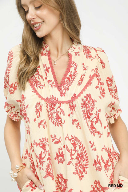 UMGEE Paisley Scallop Trim Dress Red Mix