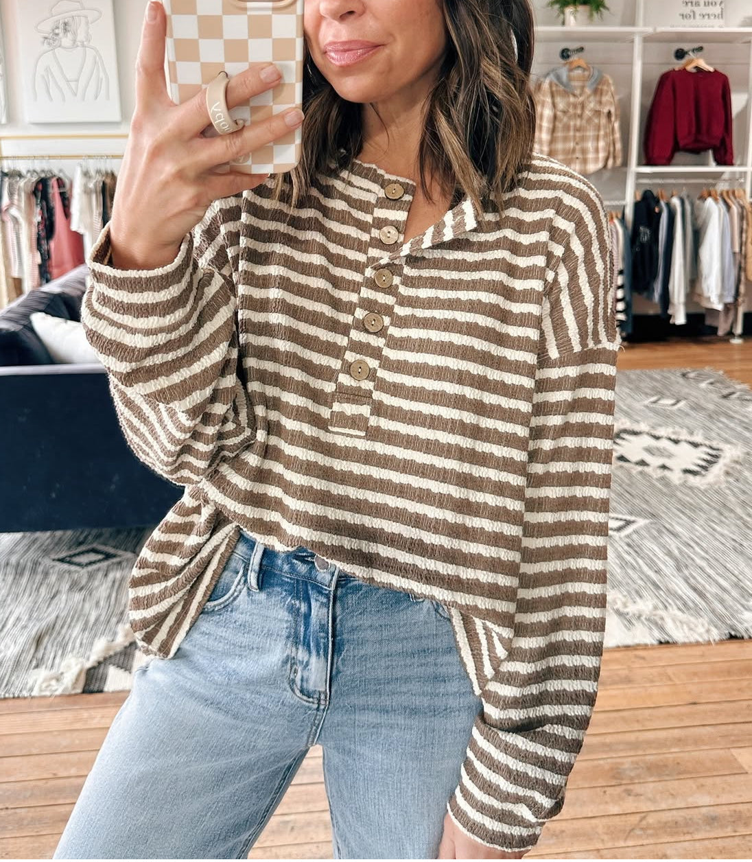 Textured Stripe Henley Top Taupe