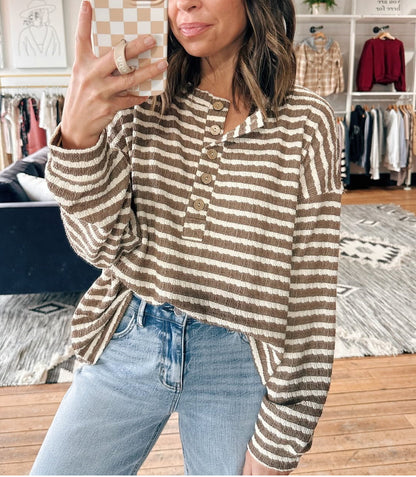 Textured Stripe Henley Top Taupe