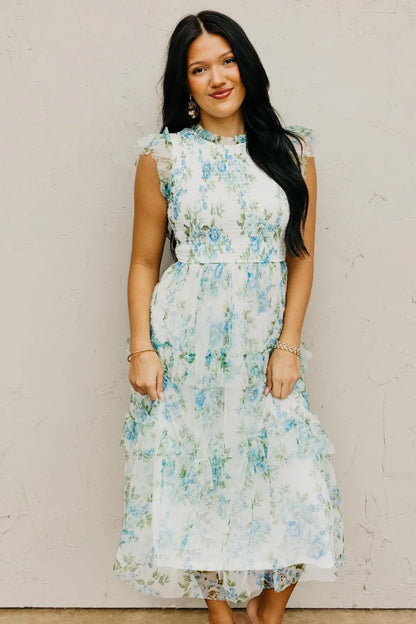 Blue Floral Ruffle Chiffon Dress