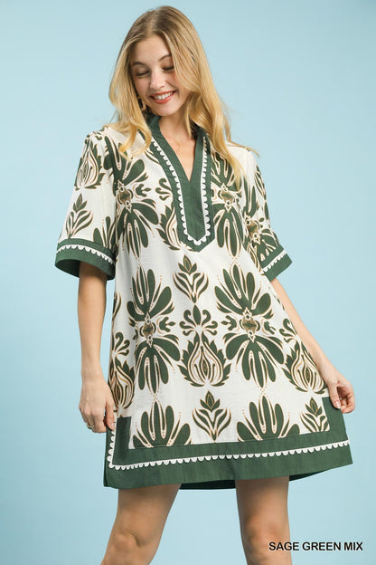 UMGEE Border Print Floral Dress Sage Mix
