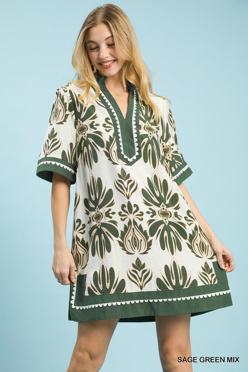 UMGEE Border Print Floral Dress Sage Mix