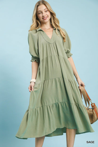UMGEE Solid Tiered Midi Dress Sage