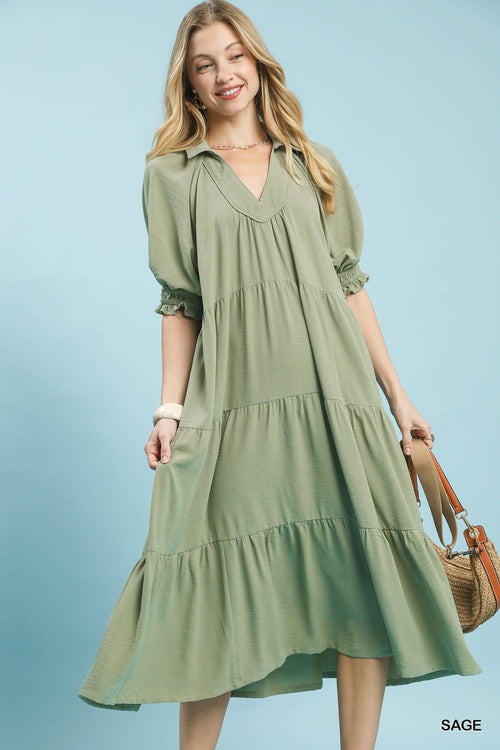 UMGEE Solid Tiered Midi Dress Sage