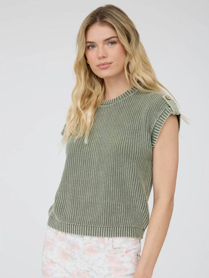 Mineral Washed Button Sweater Top Olive