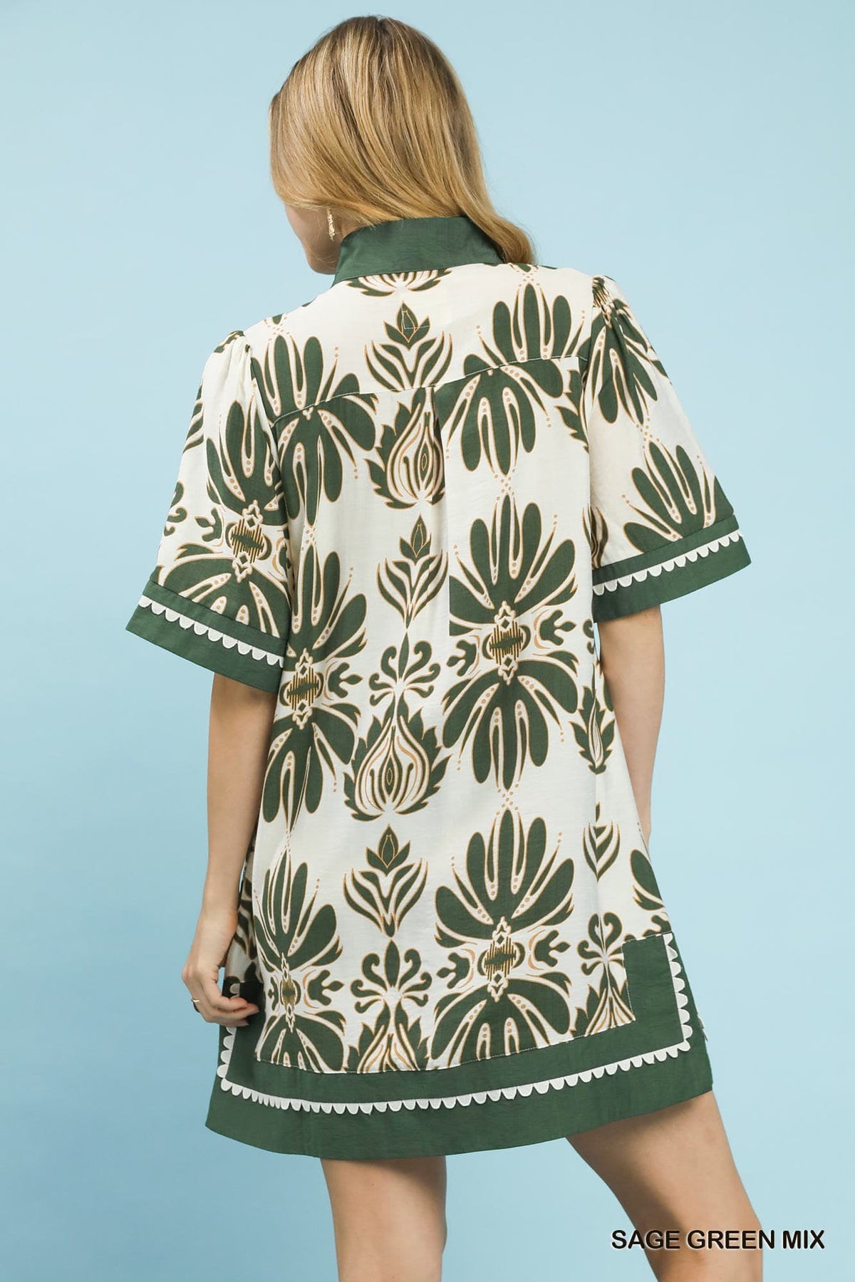 UMGEE Border Print Floral Dress Sage Mix