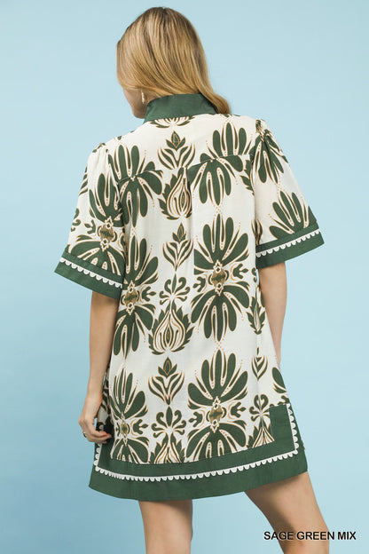 UMGEE Border Print Floral Dress Sage Mix
