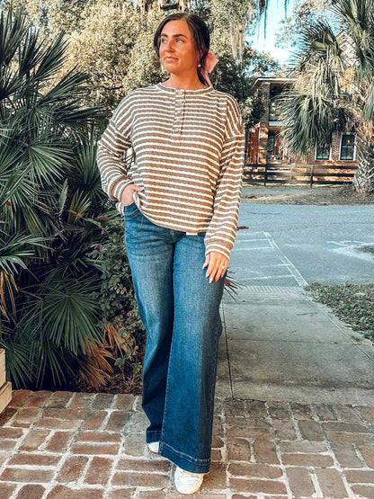 Textured Stripe Henley Top Taupe