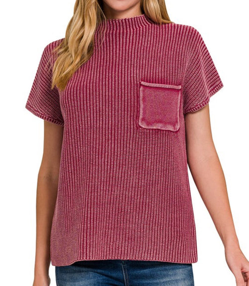 Washed Short Sleeve Sweater Cabernet Red