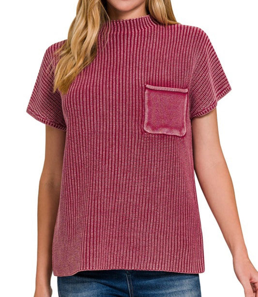 Washed Short Sleeve Sweater Cabernet Red