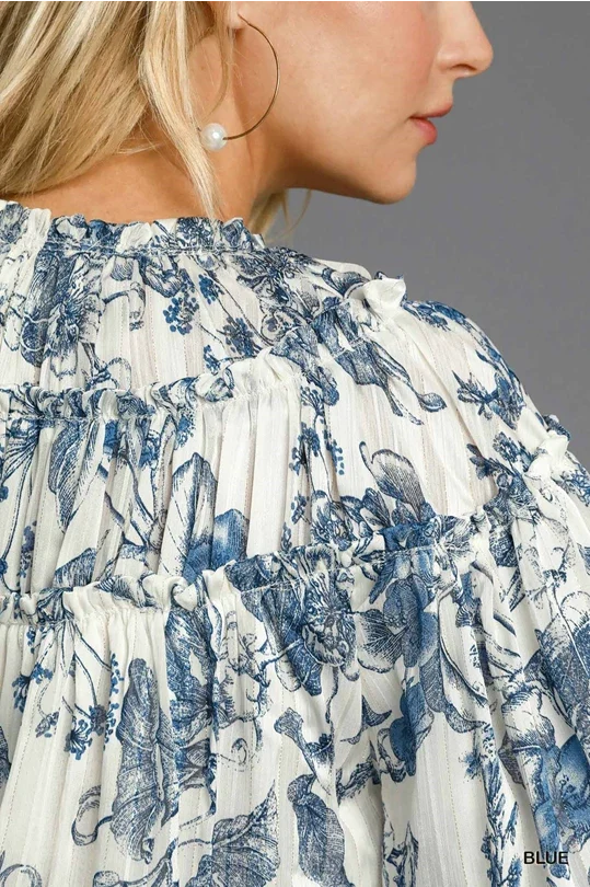 UMGEE Blue Floral Vintage Ruffle Top