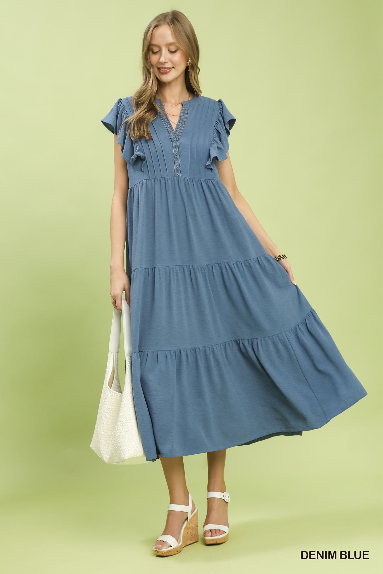 UMGEE Ruffle Sleeve Midi Dress Denim Blue