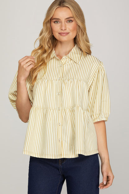 Ruffle Stripe Button Down Top Taupe
