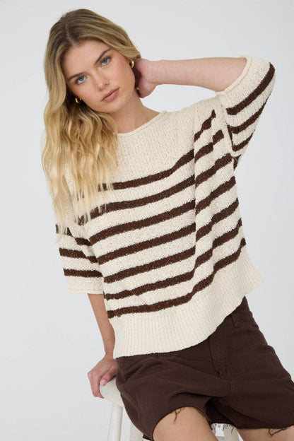 Stripe Knit Half Sleeve Sweater Chocolate