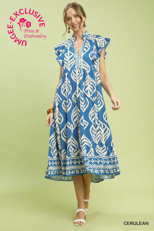 UMGEE Leaf Print Maxi Dress Blue Mix