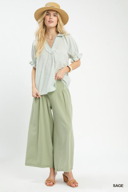 UMGEE Pinstripe Ruffle Sleeve Top Sage