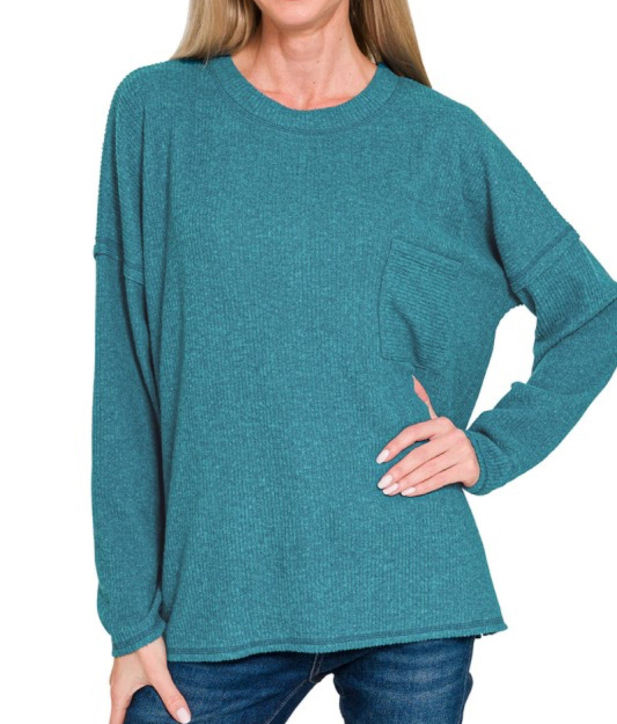 Ribbed Soft Pocket Sweater Teal