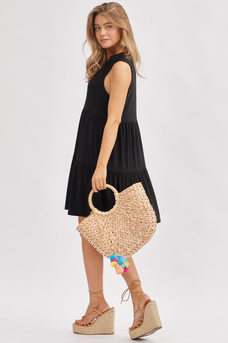 Solid Tank Ruffle Tiered Dress Black
