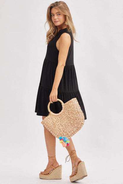 Solid Tank Ruffle Tiered Dress Black