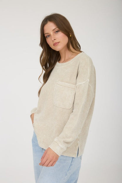 Long Sleeve Rib Knit Pocket Top Beige