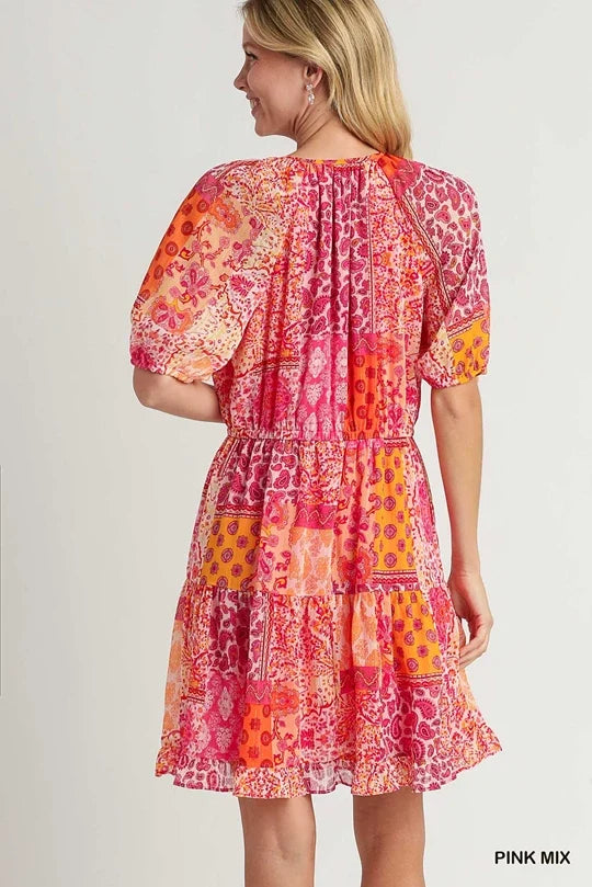 UMGEE Metallic Boho Multi Print Dress Pink Mix