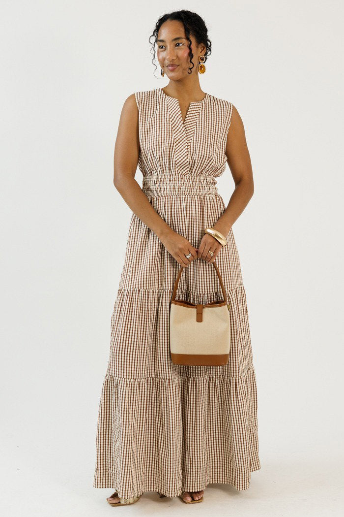 Mocha Gingham Checkered Maxi Dress