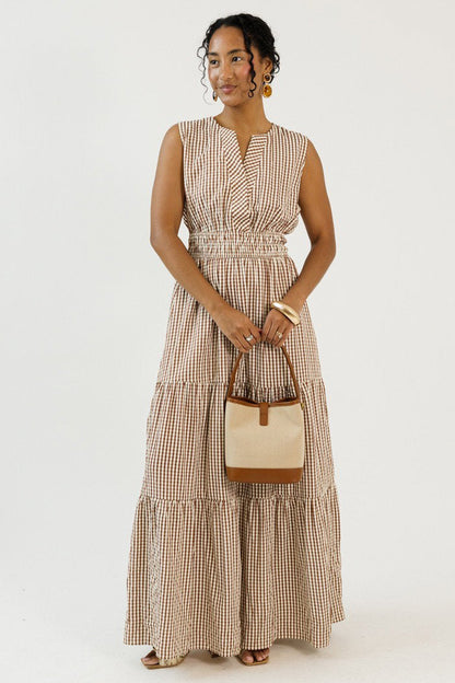 Mocha Gingham Checkered Maxi Dress