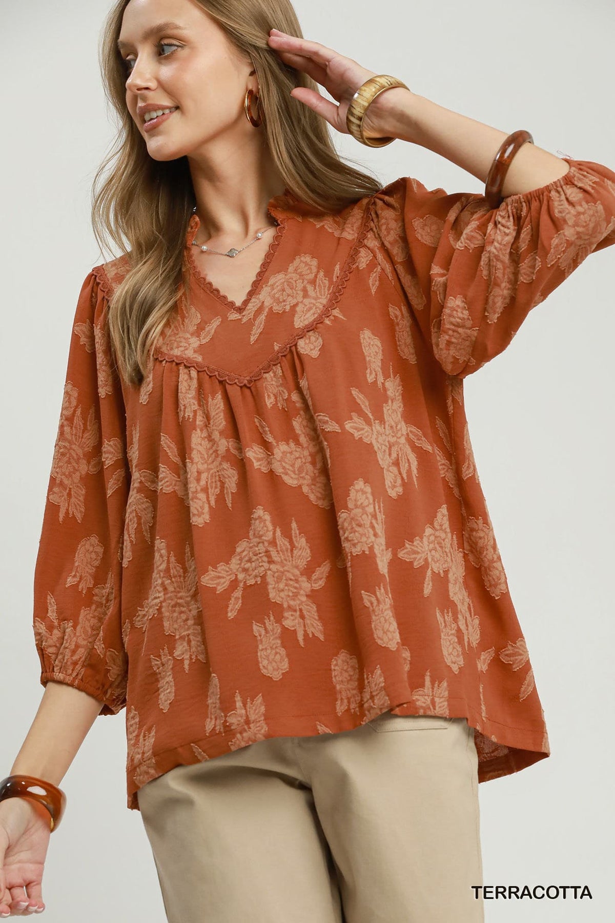 UMGEE Floral Textured Top Terracotta