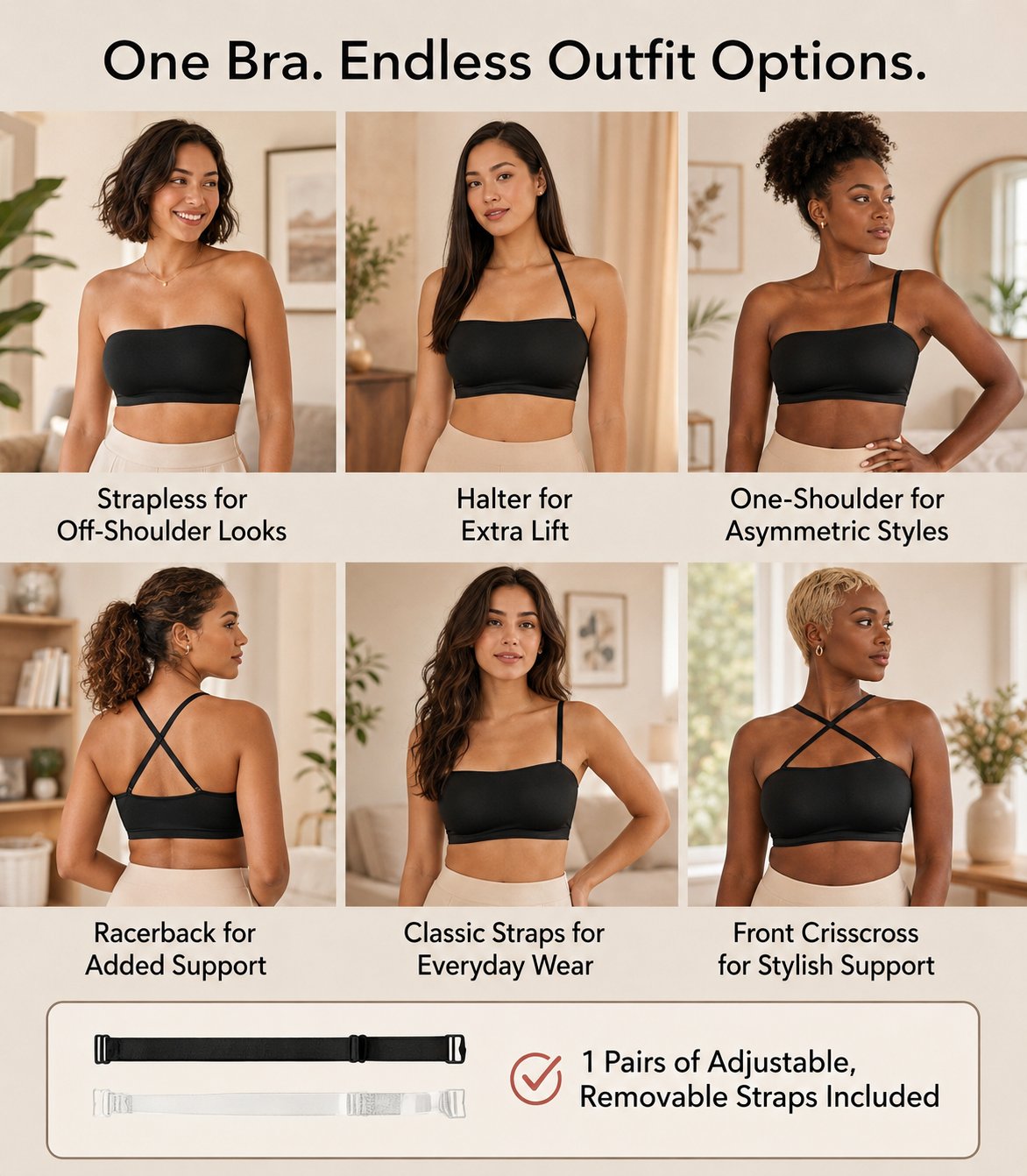 Anti-Slip Grip & Removable Straps✨Convertible Strapless Bandeau Bra with Wireless Comfort👍Suitable for All Body Types