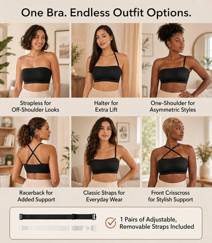 Anti-Slip Grip & Removable Straps✨Convertible Strapless Bandeau Bra with Wireless Comfort👍Suitable for All Body Types