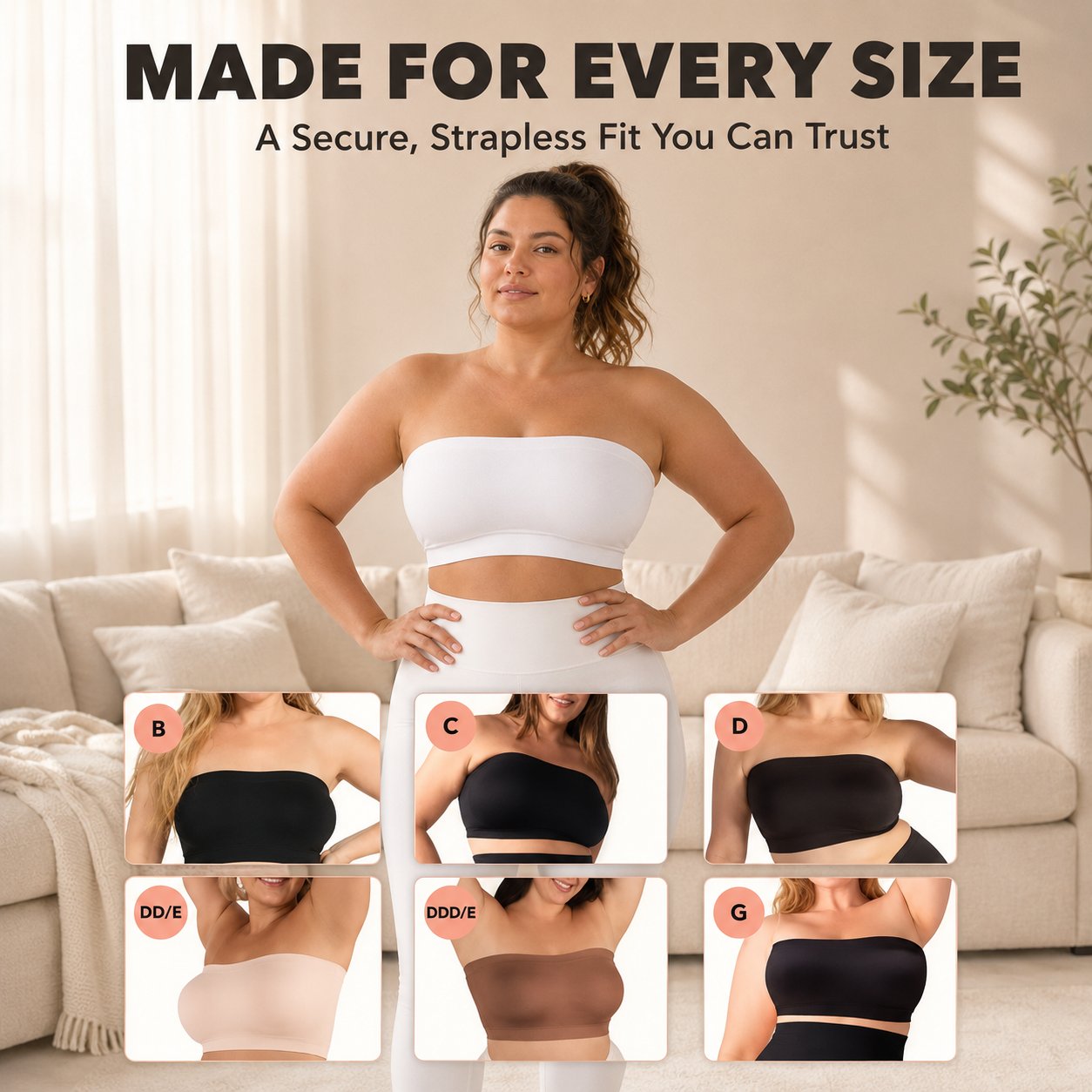 Anti-Slip Grip & Removable Straps✨Convertible Strapless Bandeau Bra with Wireless Comfort👍Suitable for All Body Types