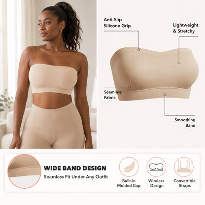 Anti-Slip Grip & Removable Straps✨Convertible Strapless Bandeau Bra with Wireless Comfort👍Suitable for All Body Types