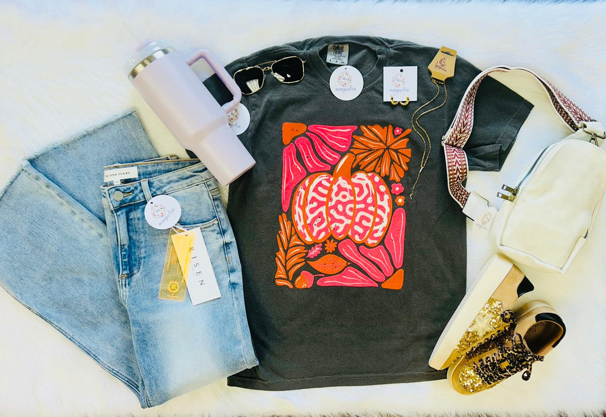Comfort Colors Charcoal Pumpkin Floral Tee