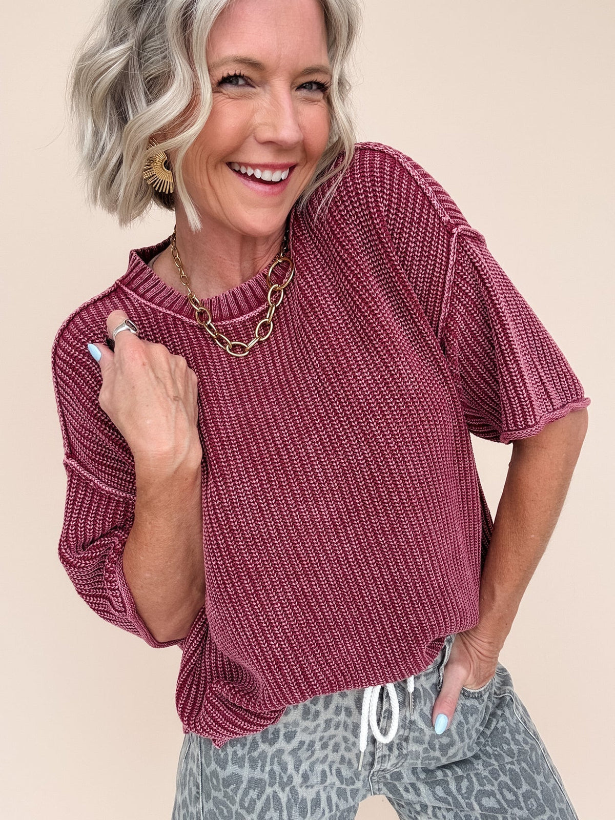 Washed Crew Sweater Burgundy