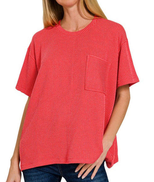 Corded Ribbed Knit Pocket Top Red