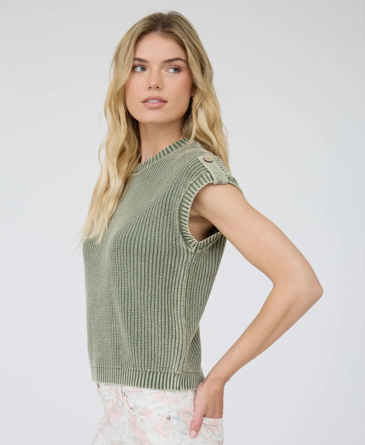 Mineral Washed Button Sweater Top Olive