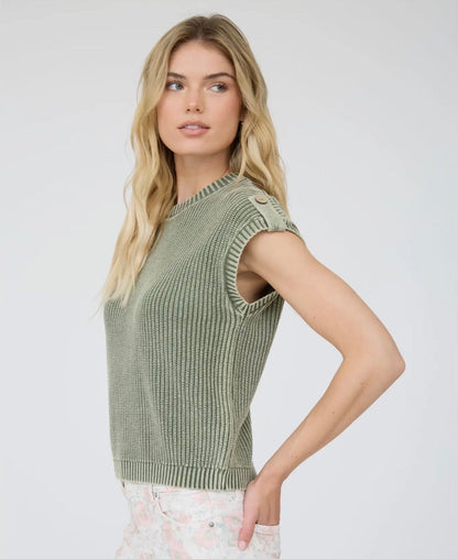 Mineral Washed Button Sweater Top Olive