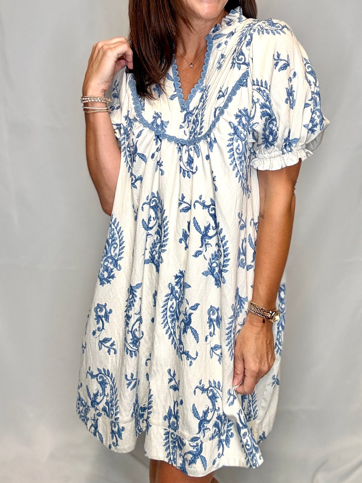 UMGEE Paisley Scallop Trim Dress Blue Mix