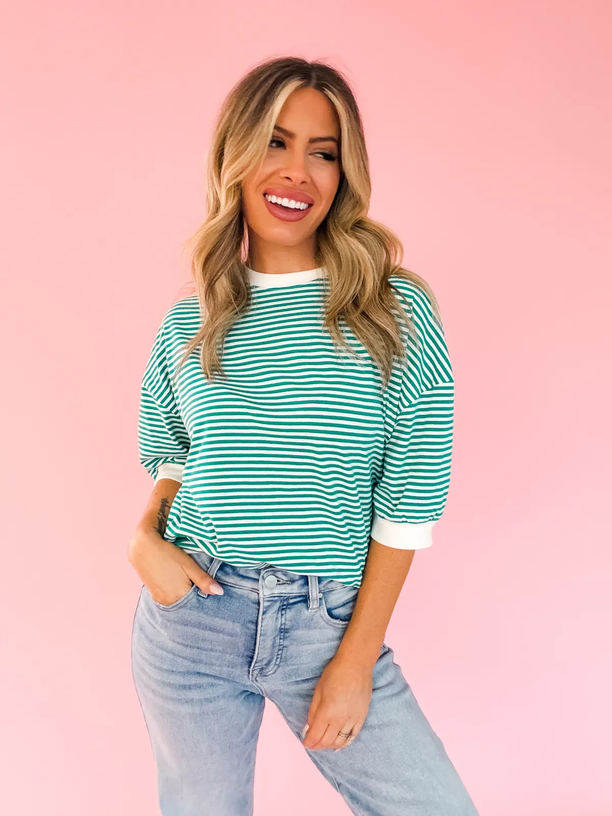 Stripe Contrast Top Green