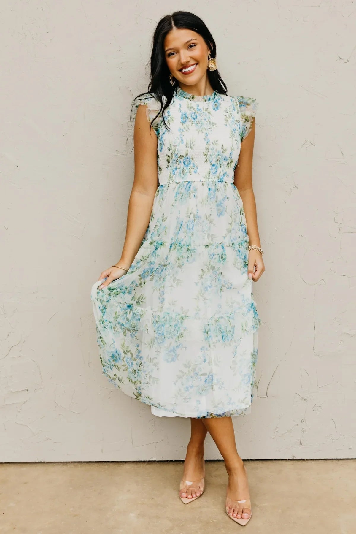 Blue Floral Ruffle Chiffon Dress