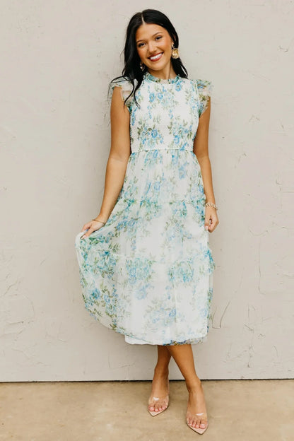 Blue Floral Ruffle Chiffon Dress