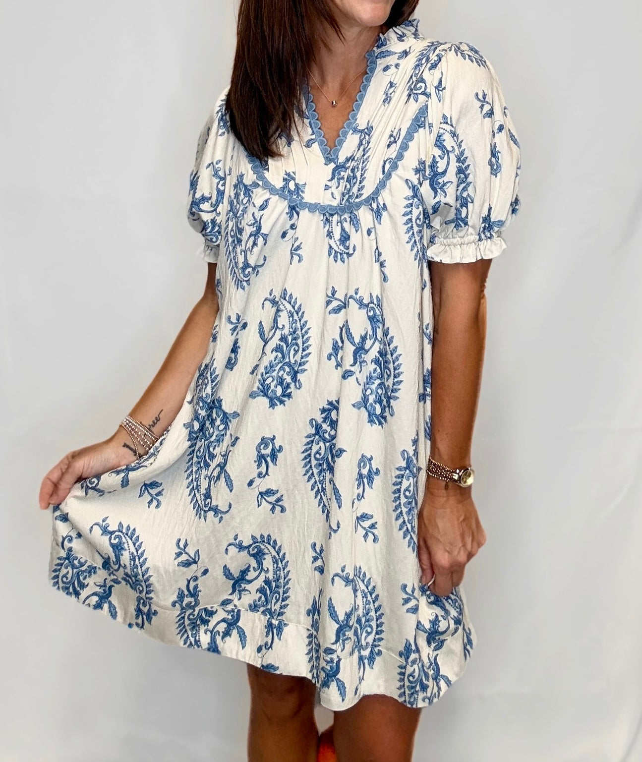 UMGEE Paisley Scallop Trim Dress Blue Mix